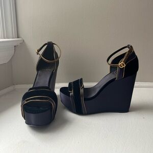 Tory Burch Navy Blue/Gold Velvet and Satin Alexia Wedge Sandals Size 8